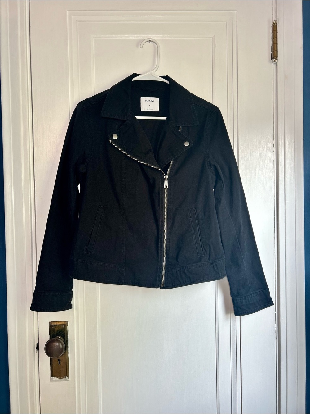 Old Navy Black Moto Jacket Women's Medium Zip Front Denim Biker Coat Size Medium - Picture 9 of 11